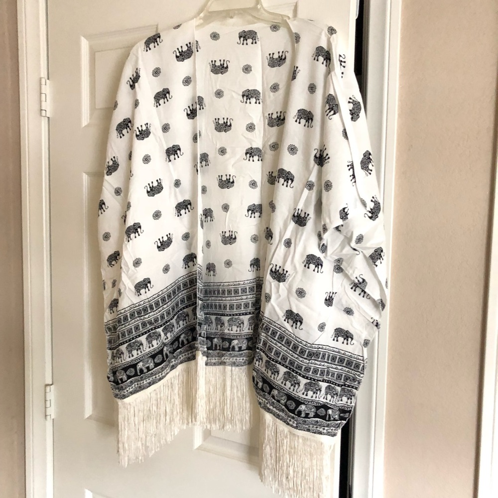 White cardigan robe shawl tribal elephant print